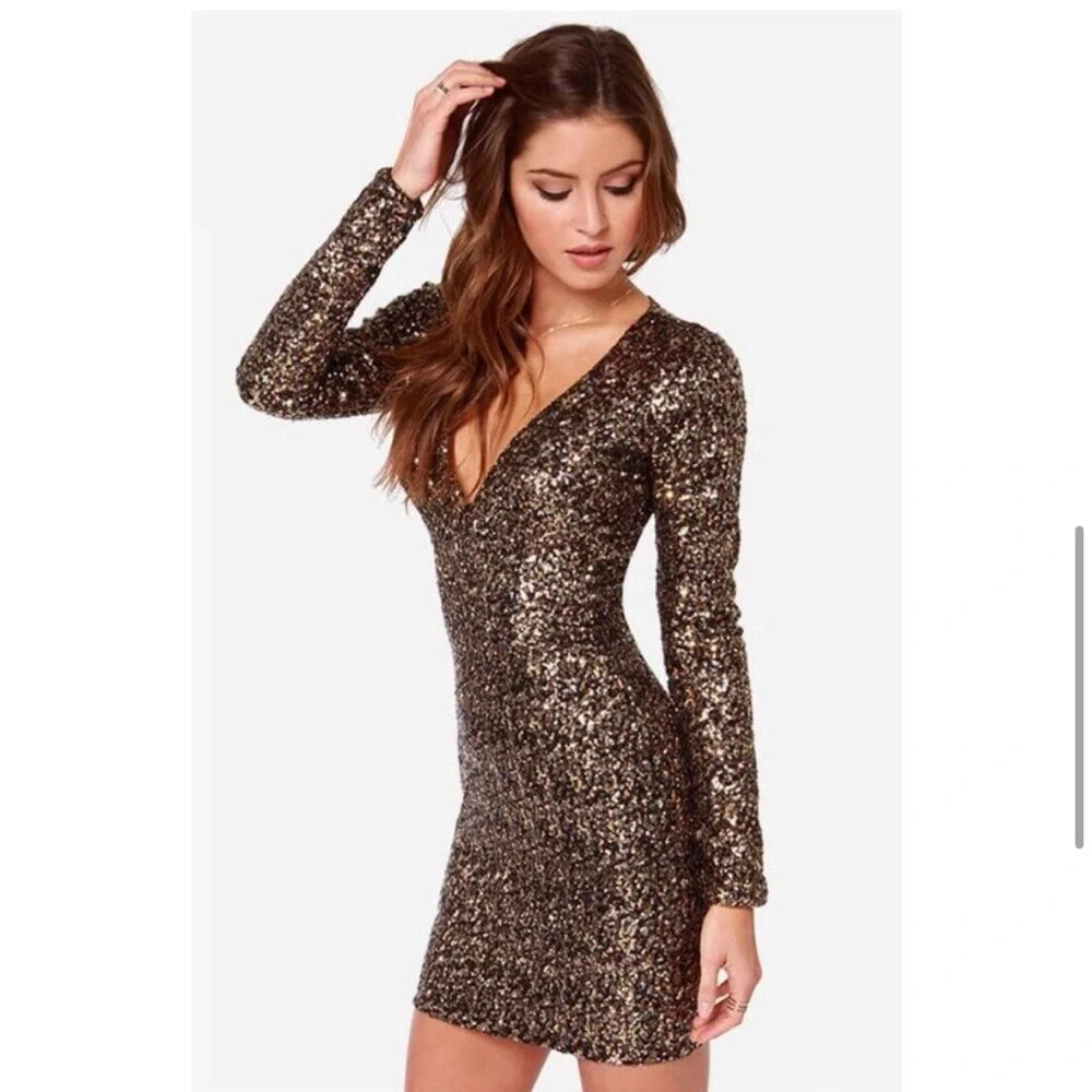 Dress The Population Sequin Long Sleeve Dress - Black Silver NYE - Picture 2 of 6